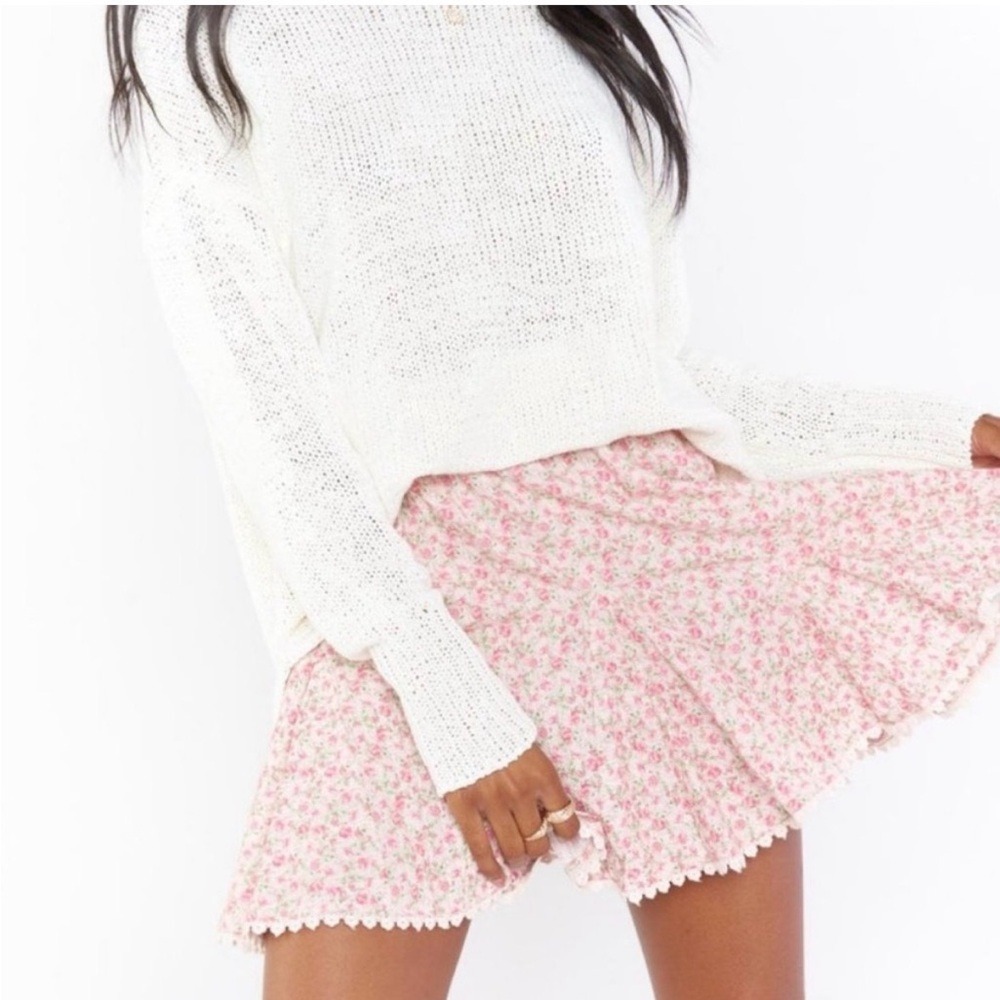 Show Me Your Mumu Charm Mini Skirt Pink Cotton Floral Lace Trim Womens M